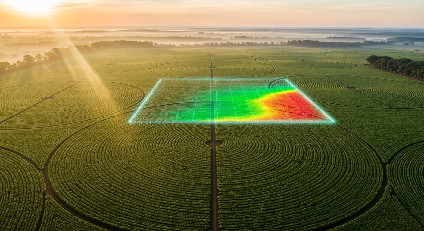 Vista aérea cinematográfica de lavouras brasileiras de soja em padrão geométrico, ao amanhecer dourado, com sobreposição sutil de mapa NDVI no céu