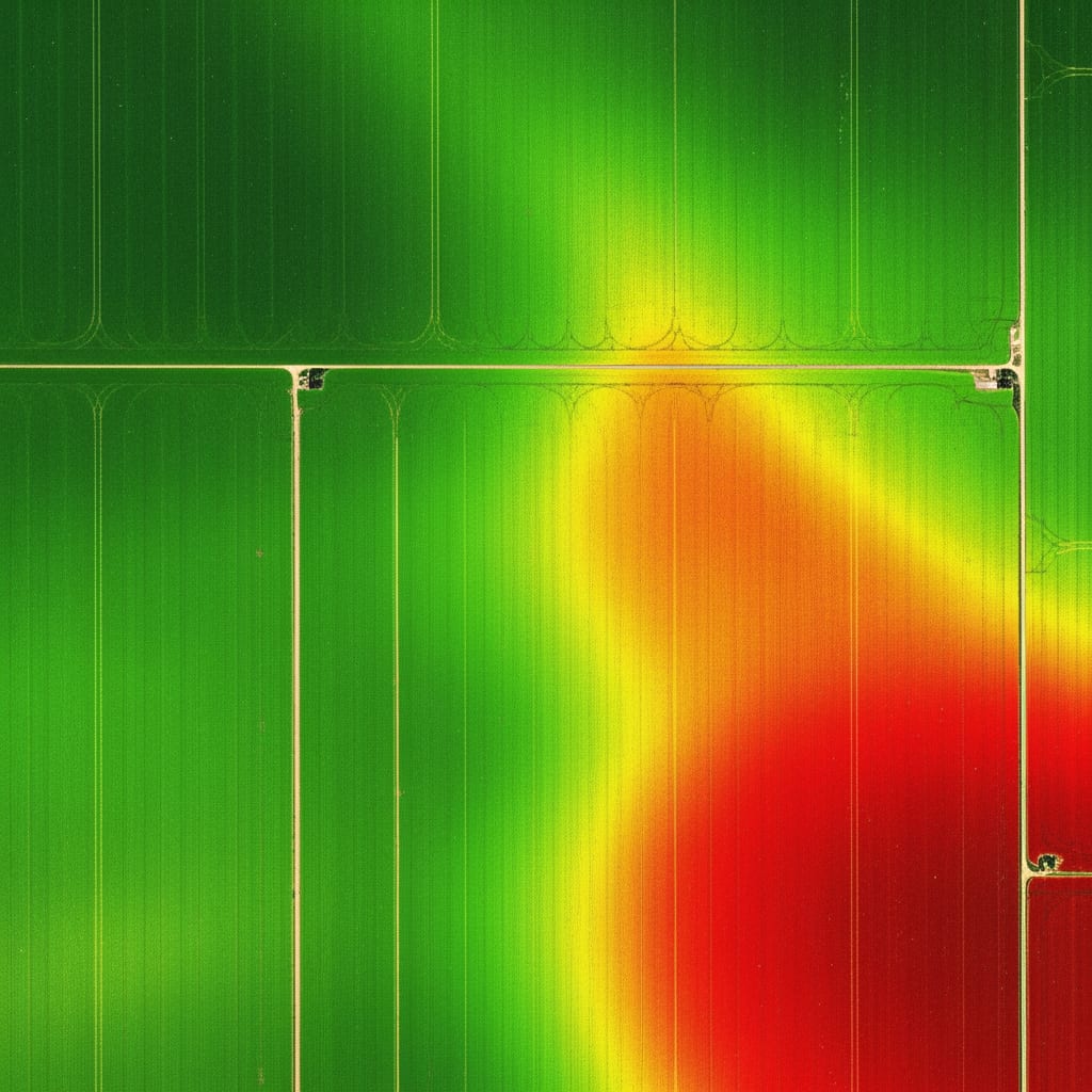 Mapa de satélite NDVI mostrando zonas saudáveis em verde e zonas de estresse em amarelo e vermelho sobre talhões agrícolas